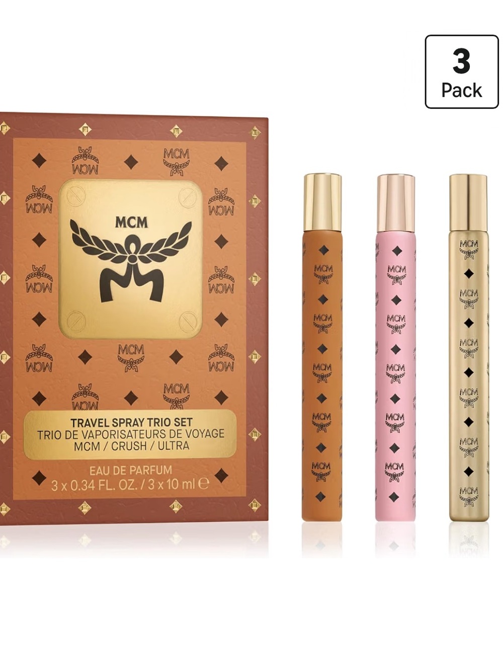 NEW MCM Travel Spray Trio Set — Brown, Pink, Gold 3x10ml
